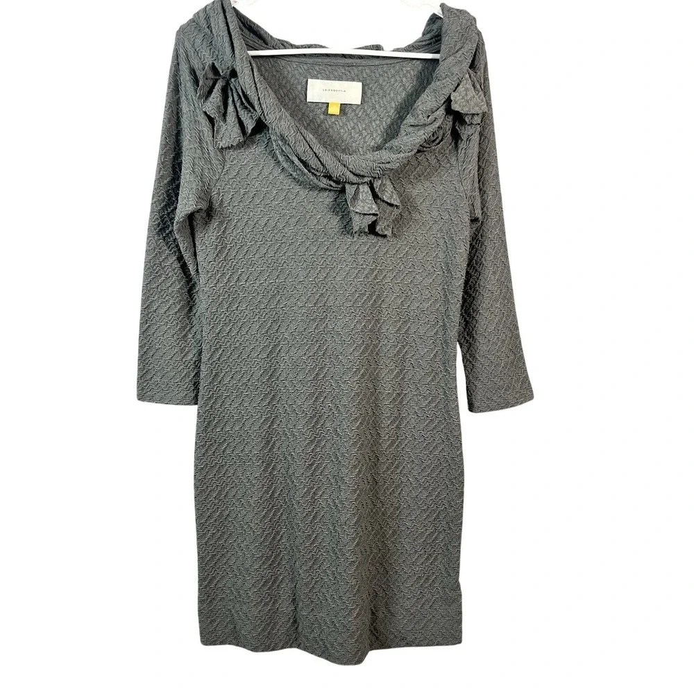 Leifsdottir Dress Sheath Womens Medium‎ Gray Knit Classic Ruffled Cowl Neck Work - Picture 2 of 11
